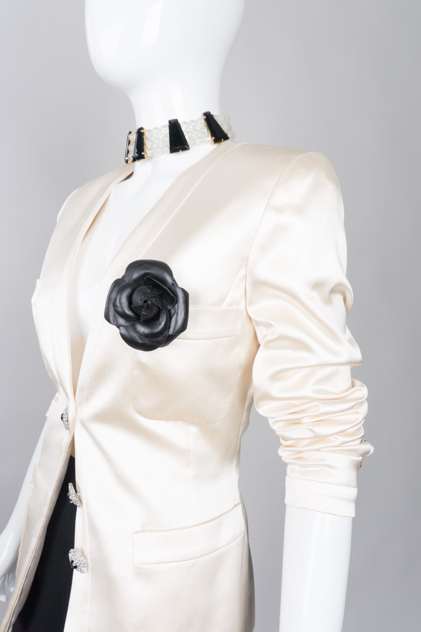 Adolfo Silk Satin Tuxedo Chanel Jacket Camellia