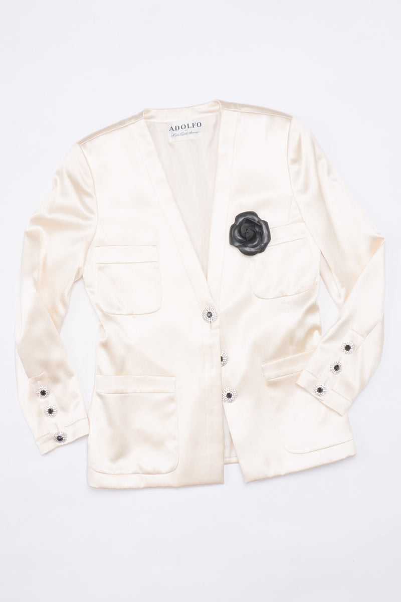 Adolfo Silk Satin Tuxedo Chanel Jacket Camellia