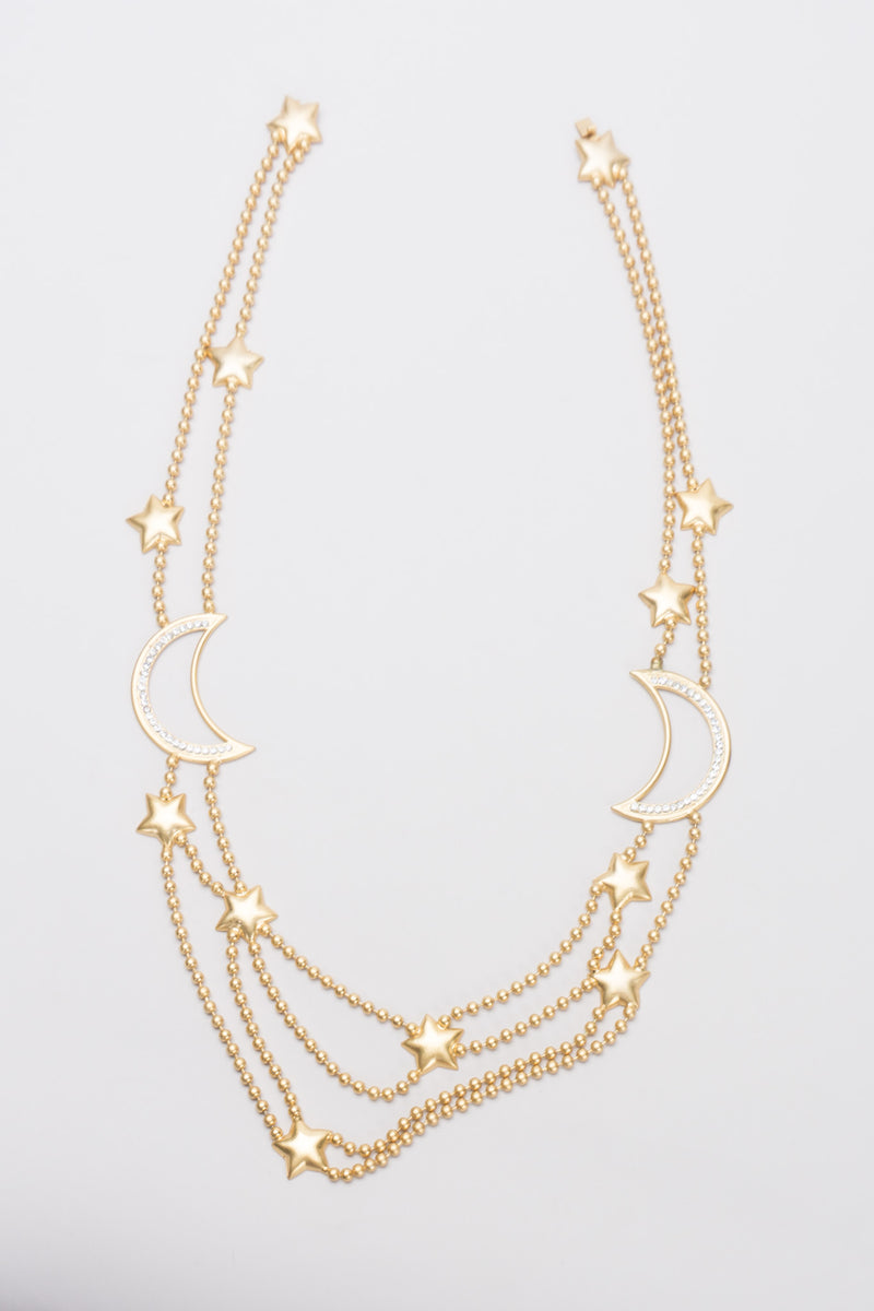 Shooting Stars and Moon Layered Matte Gold Necklace