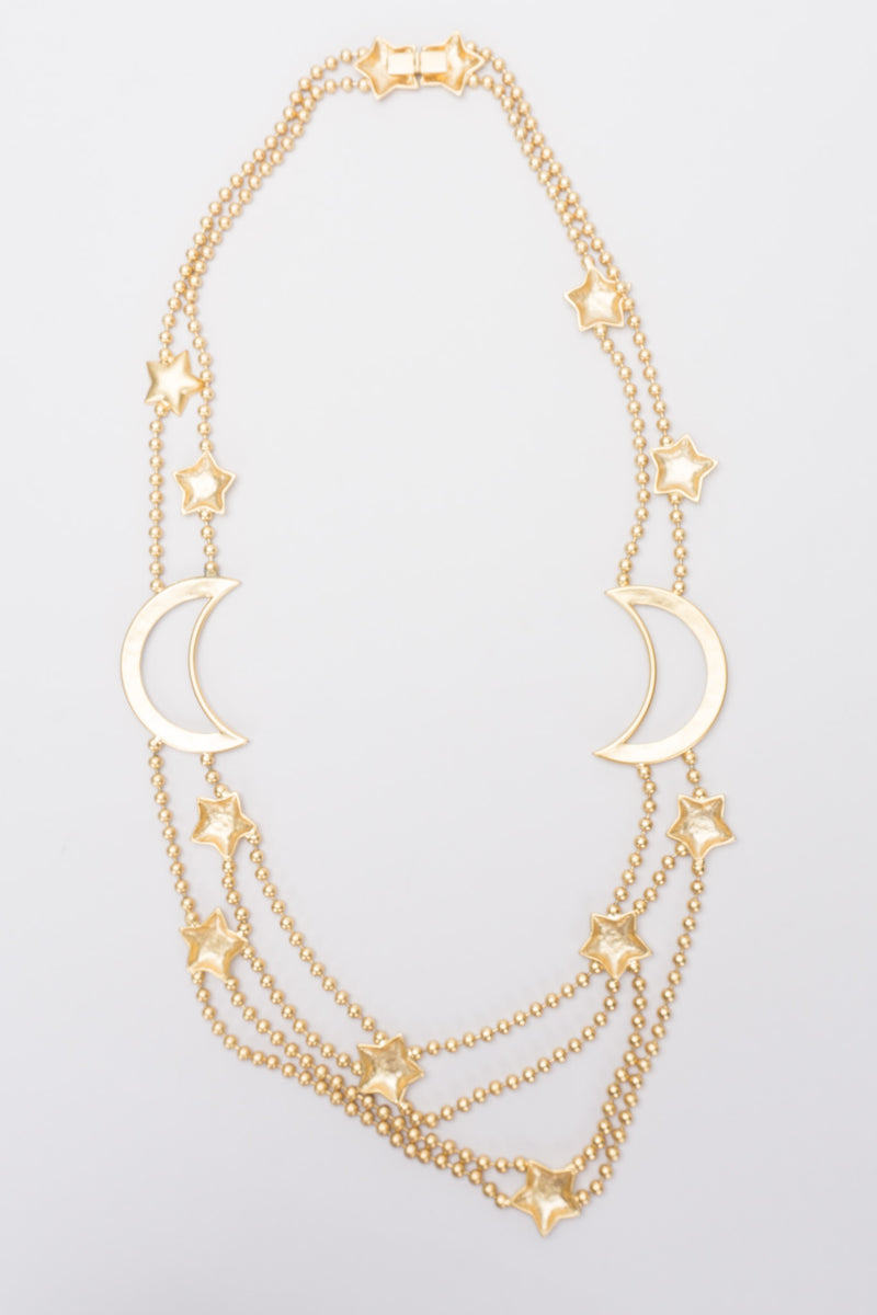 Shooting Stars and Moon Layered Matte Gold Necklace