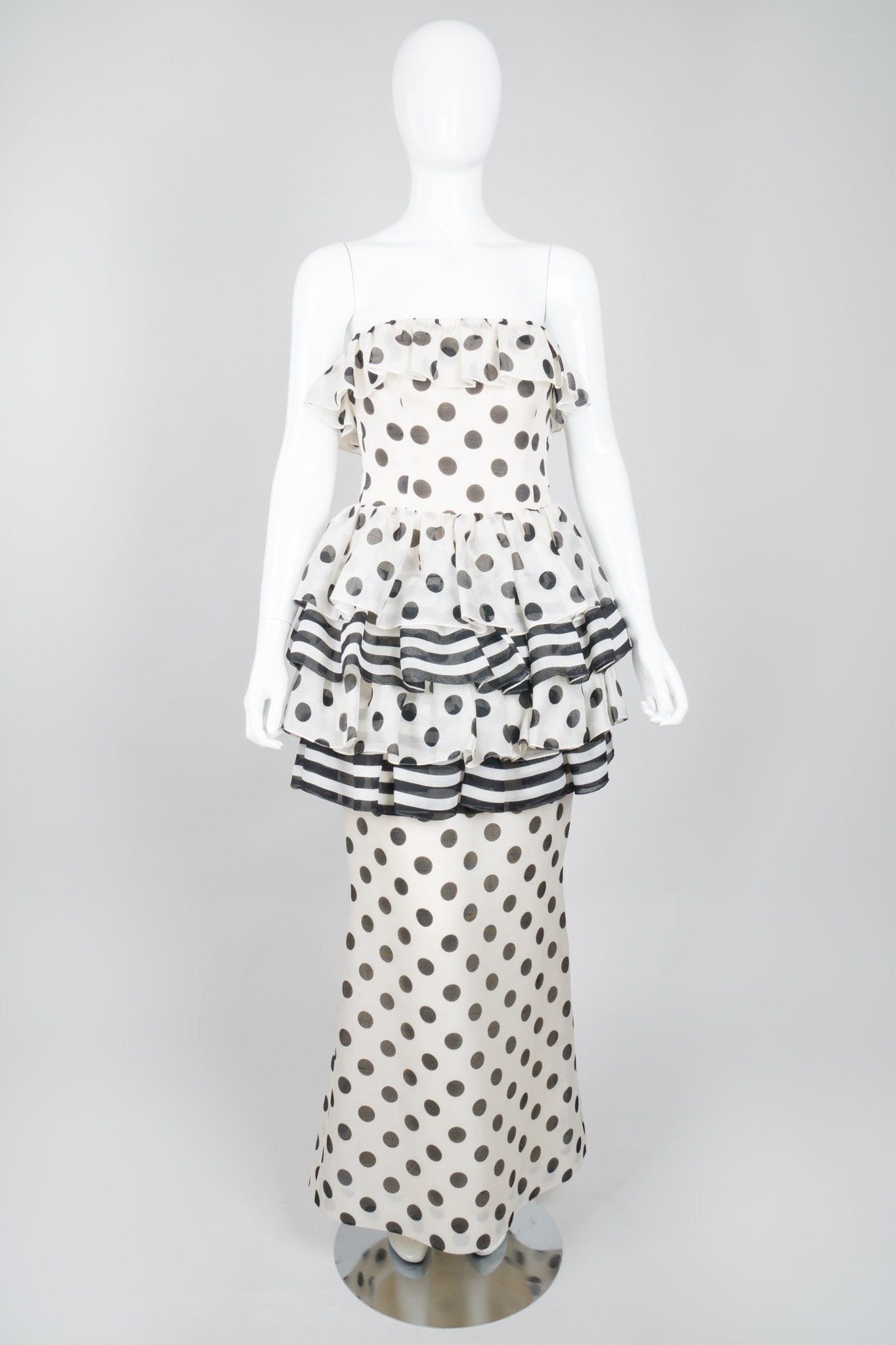 Givenchy 80s Silk Burlap Tiered Polka Dot Peplum Gown