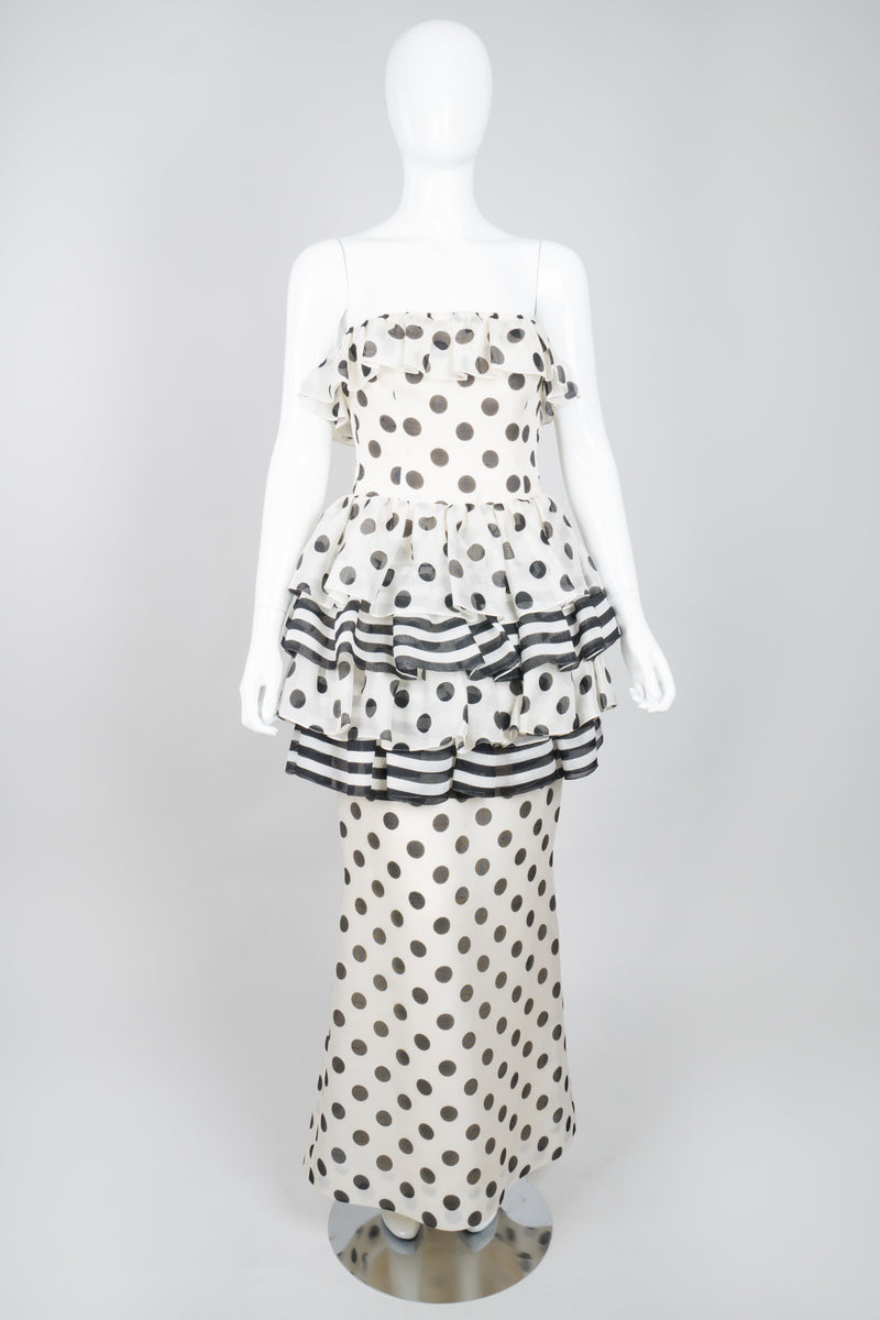 Givenchy 80s Silk Burlap Tiered Polka Dot Peplum Gown