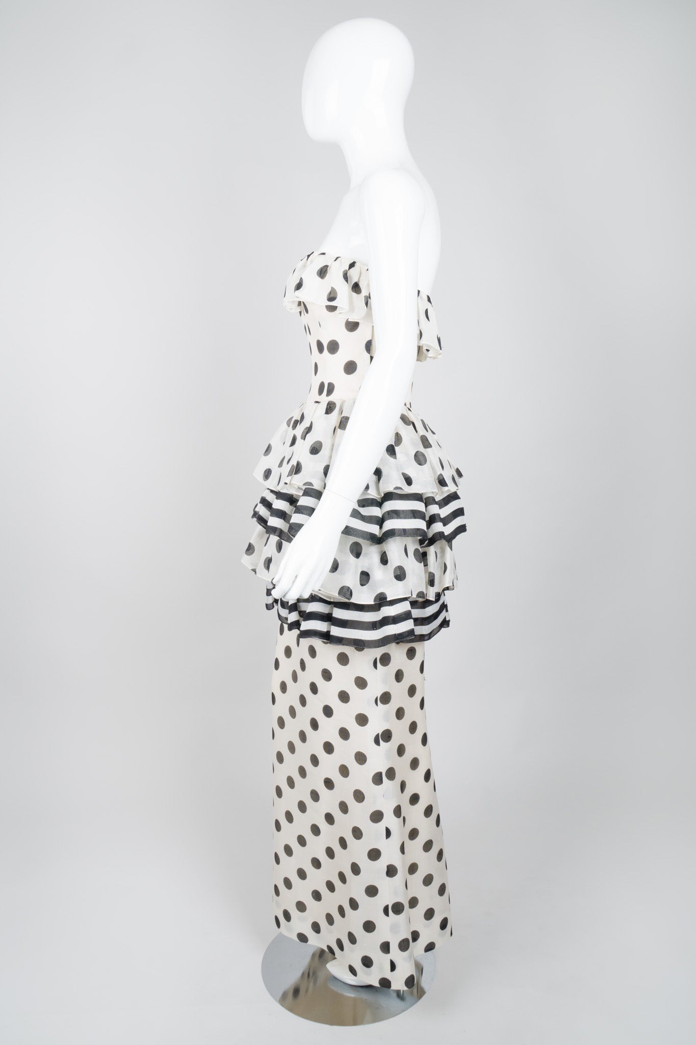 Givenchy 80s Silk Burlap Tiered Polka Dot Peplum Gown