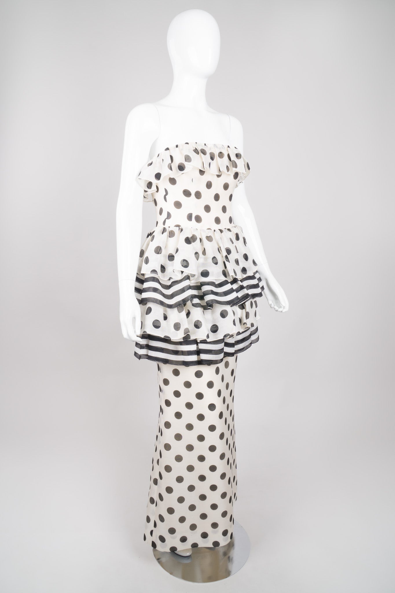 Givenchy 80s Silk Burlap Tiered Polka Dot Peplum Gown