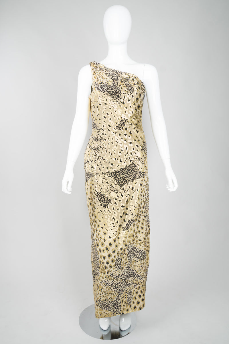 YSL Yves Saint Laurent AW 1992 Leopard Lamé One-Shoulder Dress