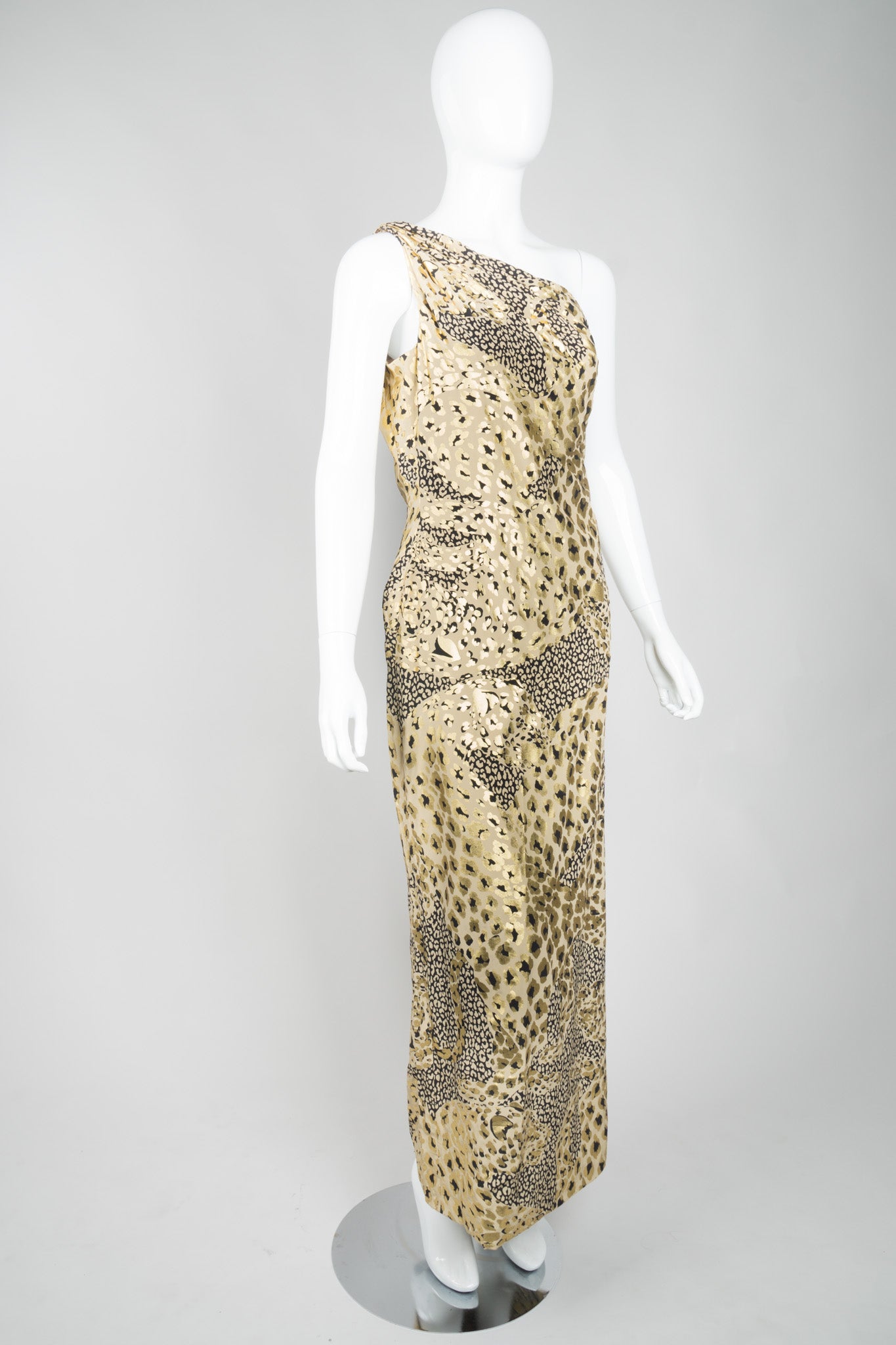 YSL Yves Saint Laurent AW 1992 Leopard Lamé One-Shoulder Dress