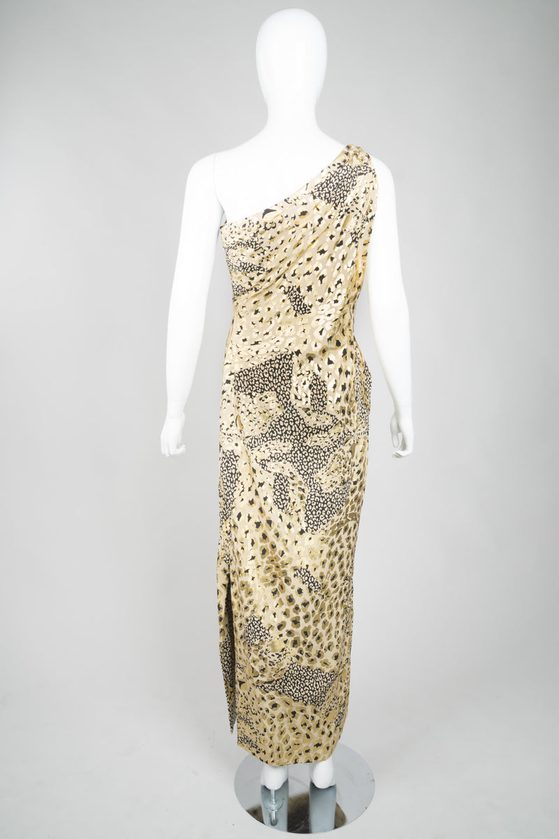 YSL Yves Saint Laurent AW 1992 Leopard Lamé One-Shoulder Dress