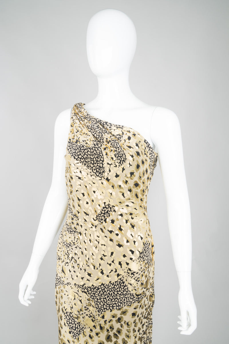 YSL Yves Saint Laurent AW 1992 Leopard Lamé One-Shoulder Dress