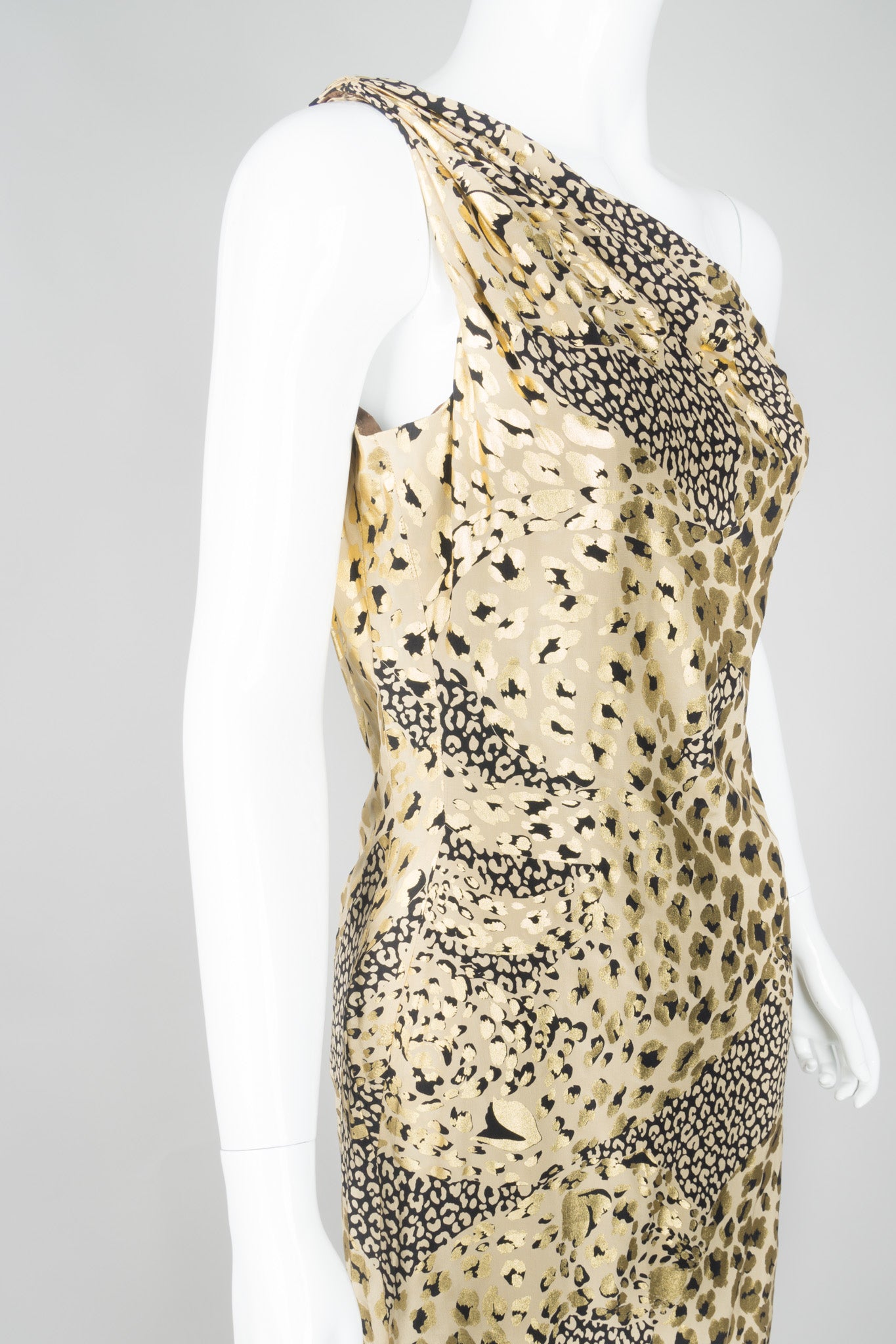 YSL Yves Saint Laurent AW 1992 Leopard Lamé One-Shoulder Dress