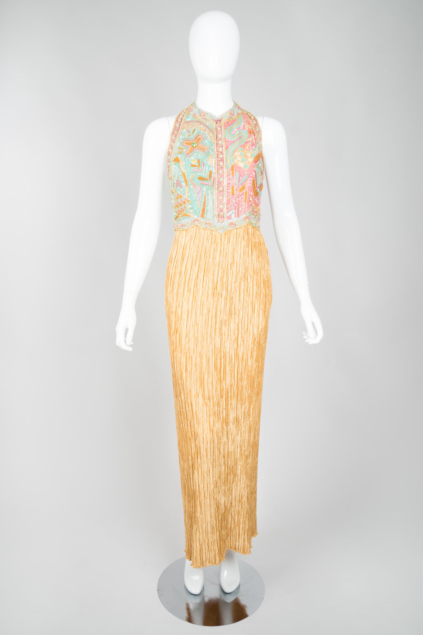 Mary McFadden Beaded Halter Pleated Column Dress