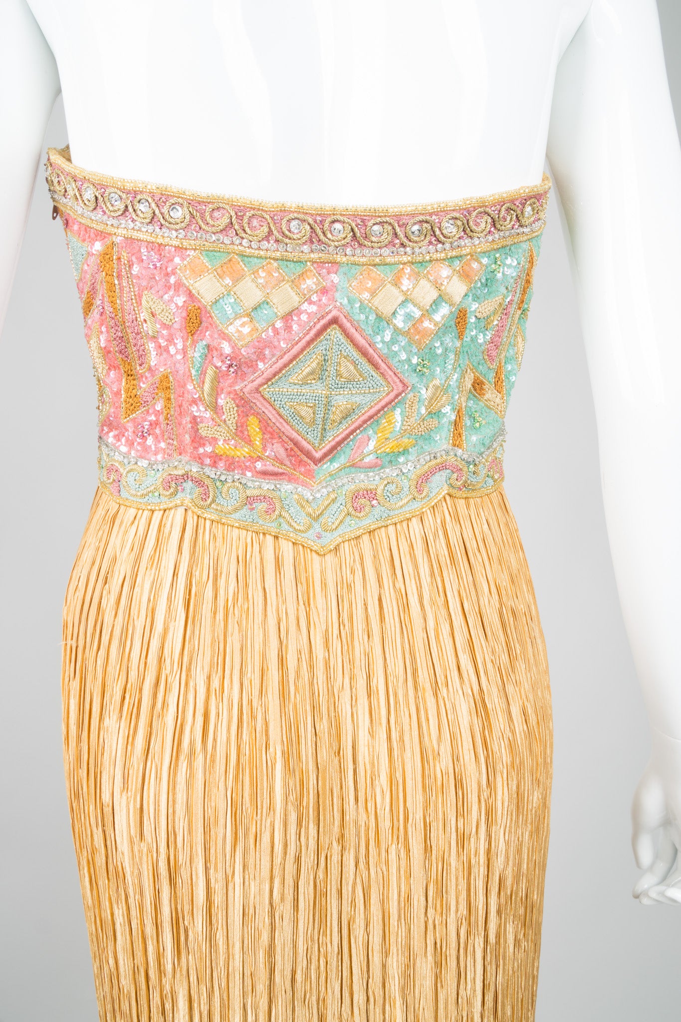 Mary McFadden Beaded Halter Pleated Column Dress