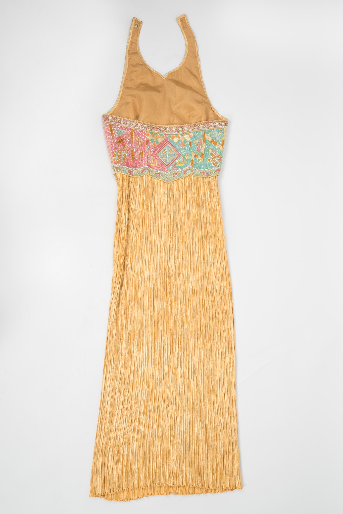 Mary McFadden Beaded Halter Pleated Column Dress