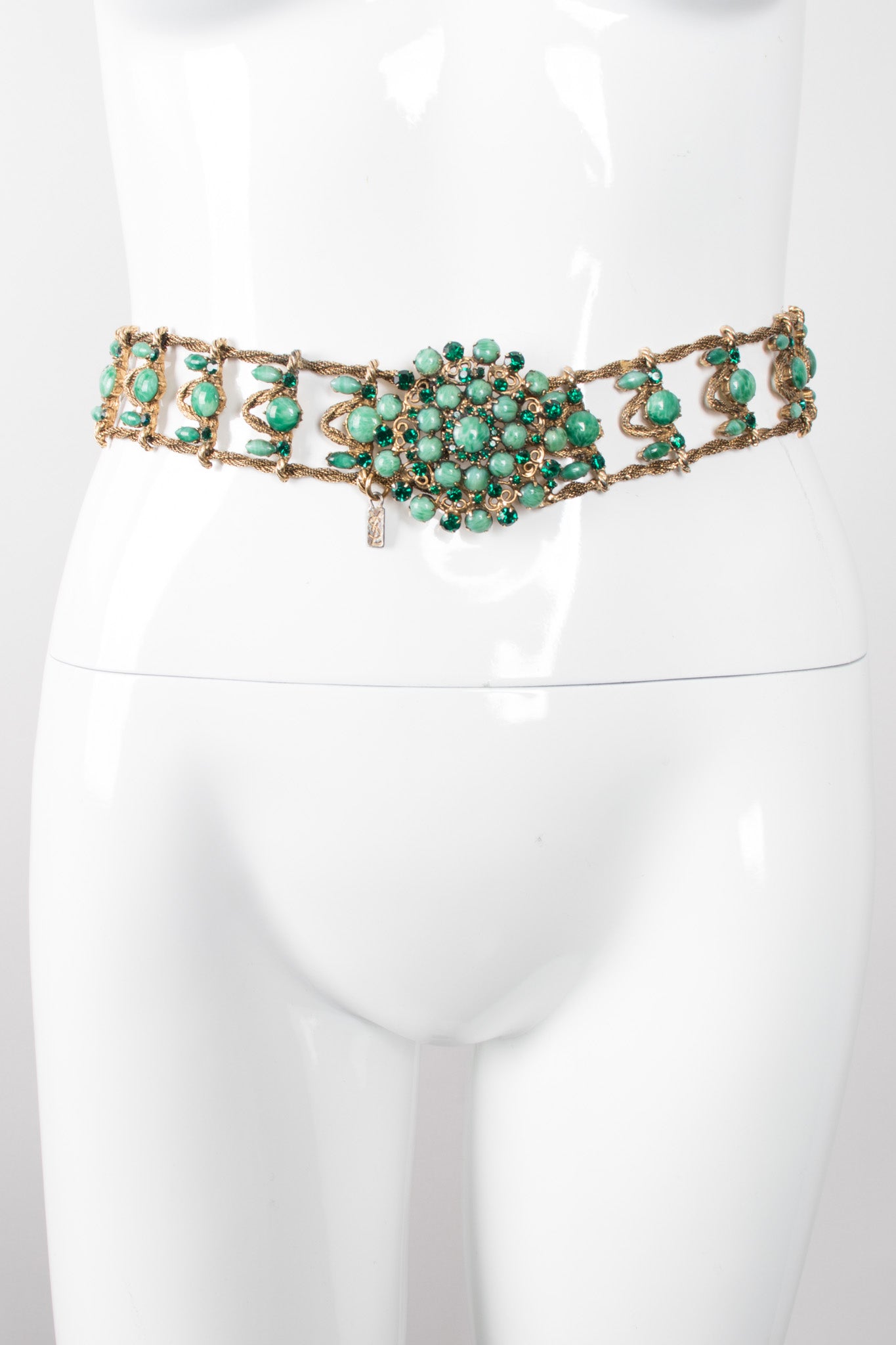 Yves Saint Laurent YSL 1960 Vintage Crystal Jade Aventurine Metal Belt