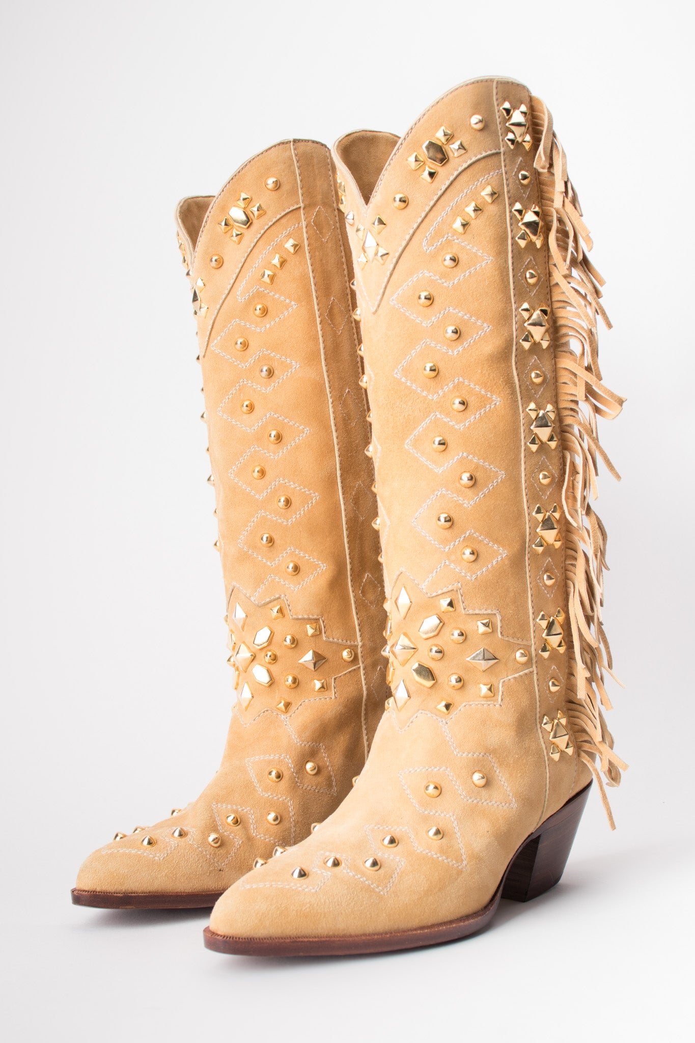 Susan Bennis Warren Edwards SBWE Tan Studded Suede Fringe Cowboy Boots