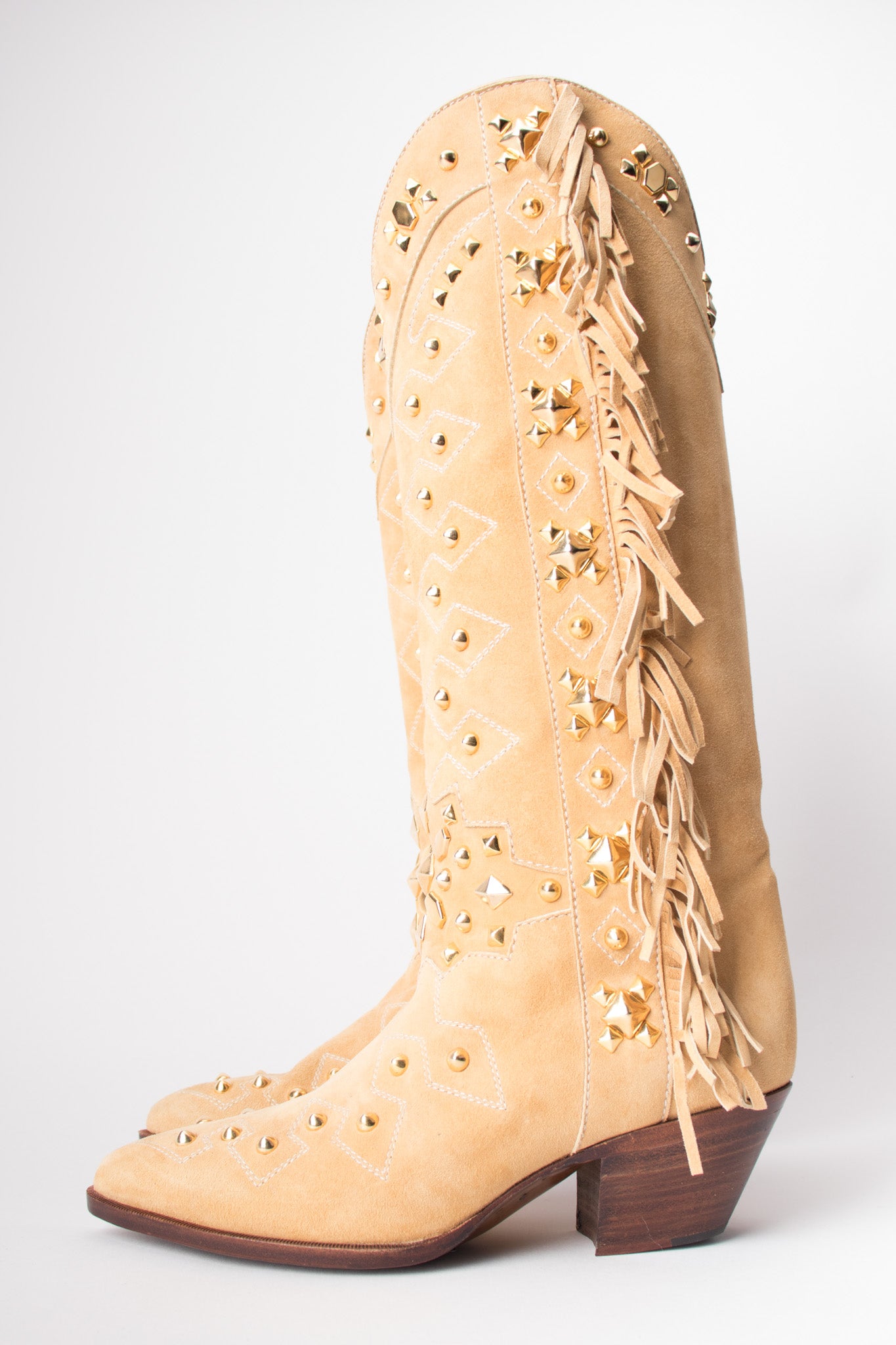 Susan Bennis Warren Edwards SBWE Tan Studded Suede Fringe Cowboy Boots