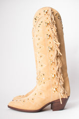 Susan Bennis Warren Edwards SBWE Tan Studded Suede Fringe Cowboy Boots