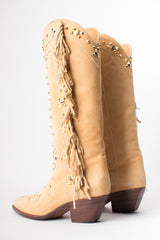 Susan Bennis Warren Edwards SBWE Tan Studded Suede Fringe Cowboy Boots