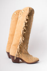 Susan Bennis Warren Edwards SBWE Tan Studded Suede Fringe Cowboy Boots