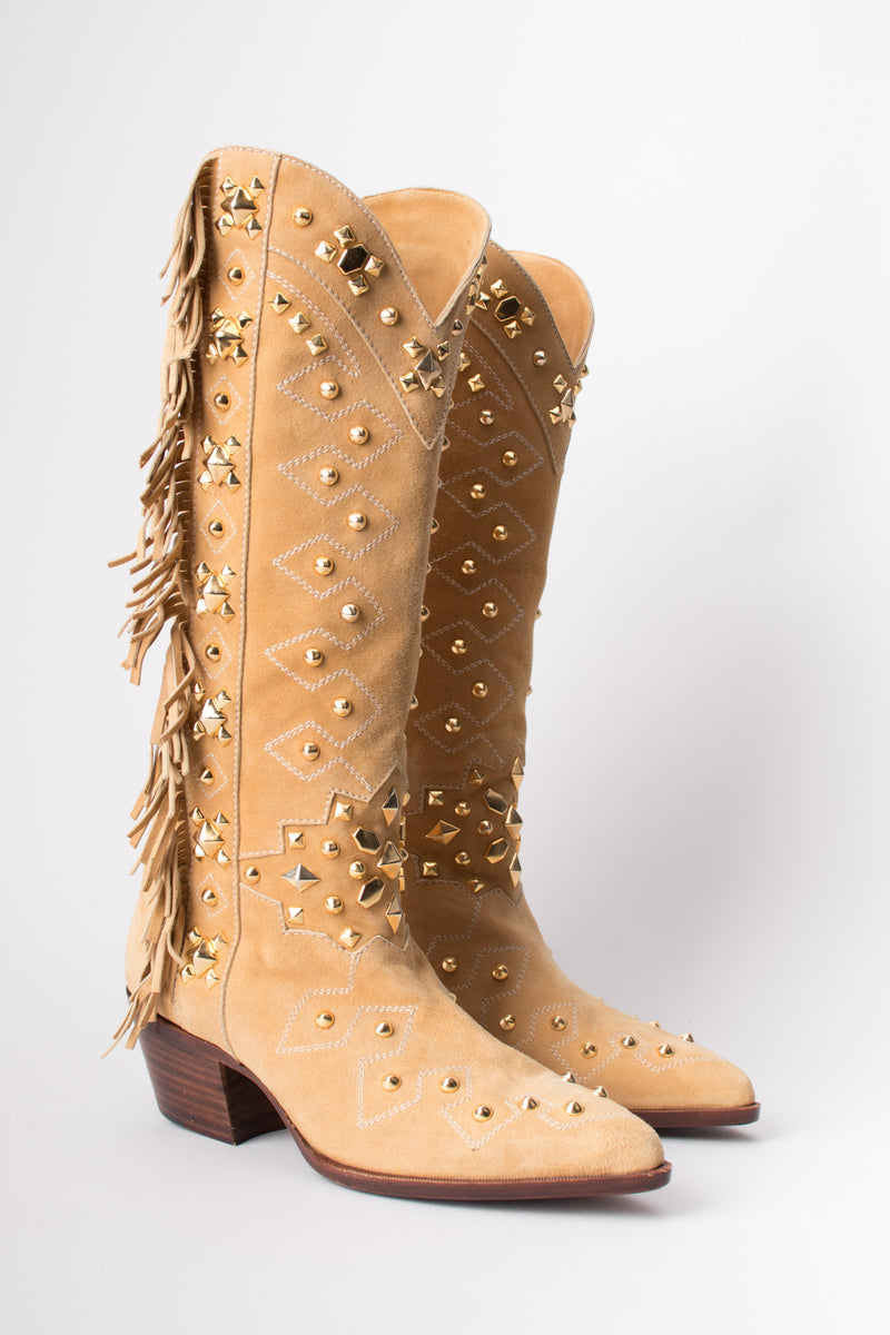 Susan Bennis Warren Edwards SBWE Tan Studded Suede Fringe Cowboy Boots