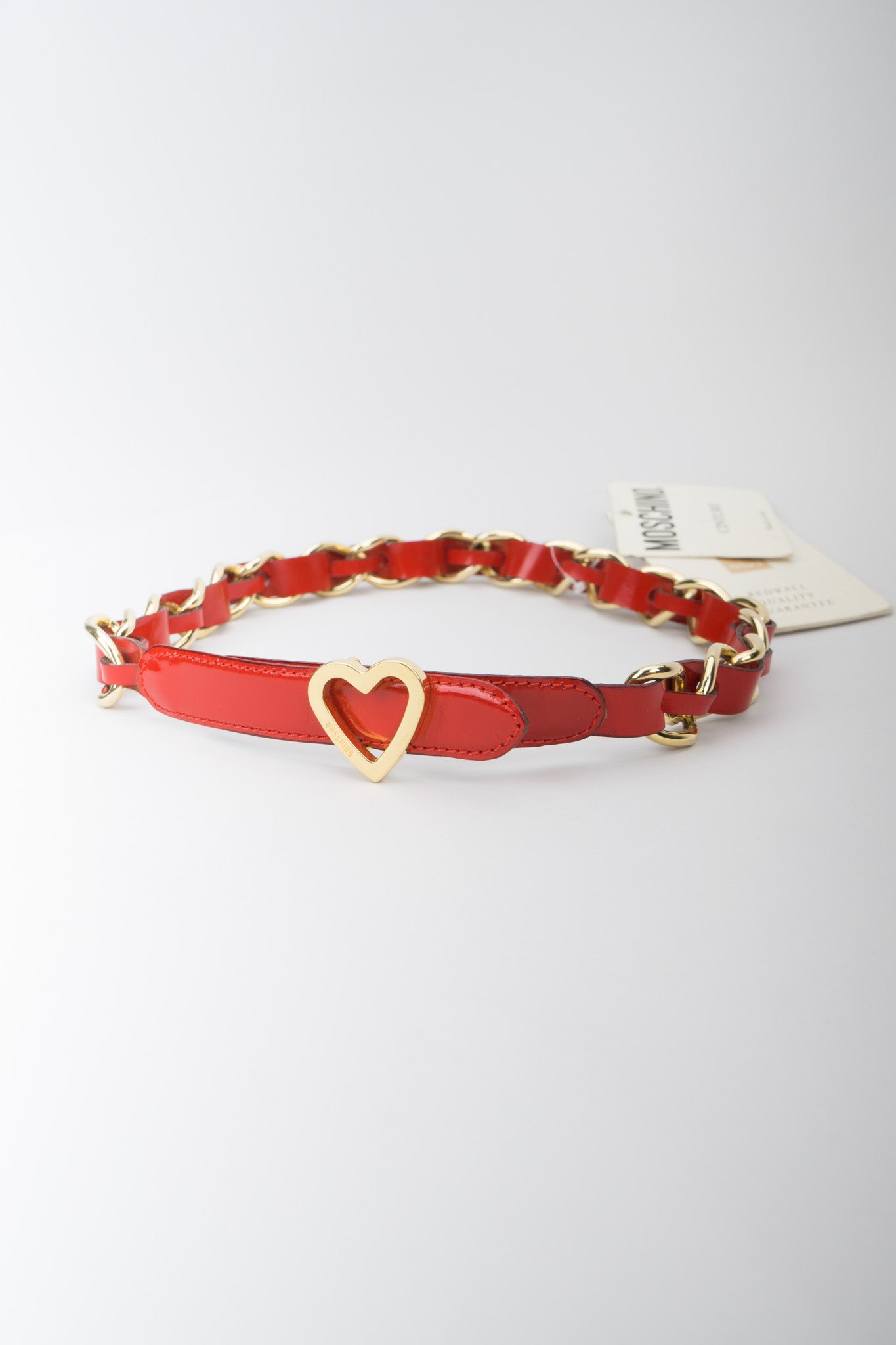 Moschino Cherry Red Patent Leather Braid Heart Chain Belt