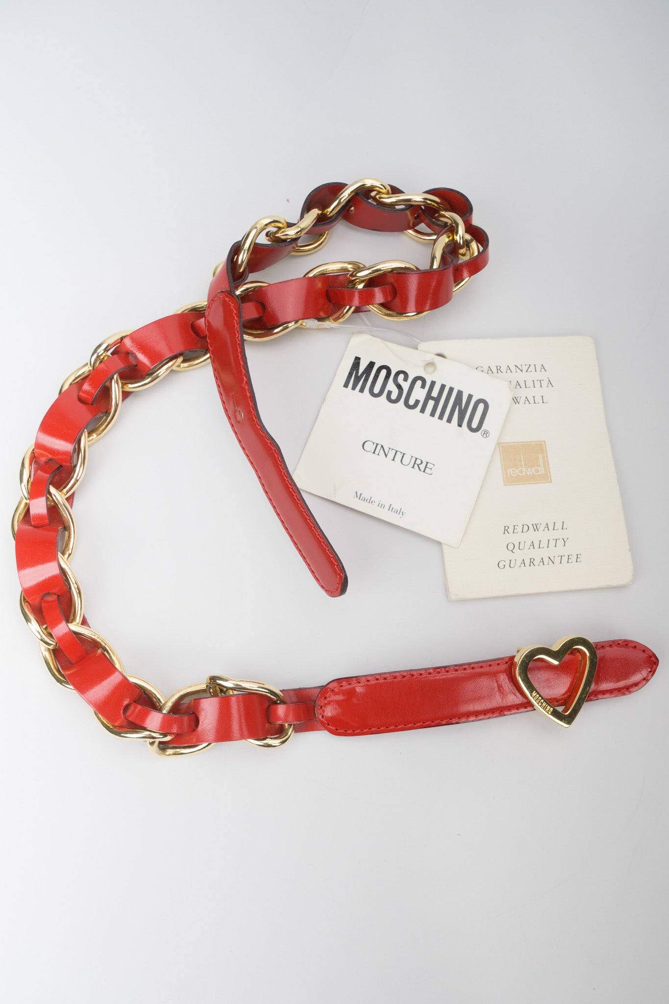 Moschino Cherry Red Patent Leather Braid Heart Chain Belt