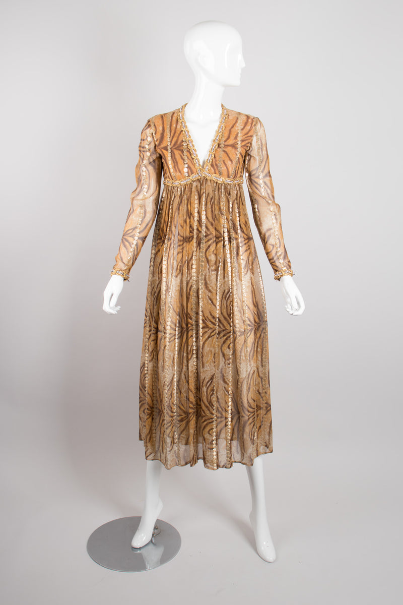 Bill Blass Silk Chiffon Empire Waist Tiger Lamé Dress