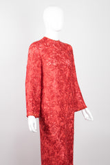 Riazee Sheer Red Beaded Shift Column Gown