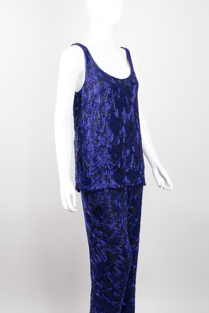 Riazee Midnight Cobalt Beaded Silk Tank & Pant Set