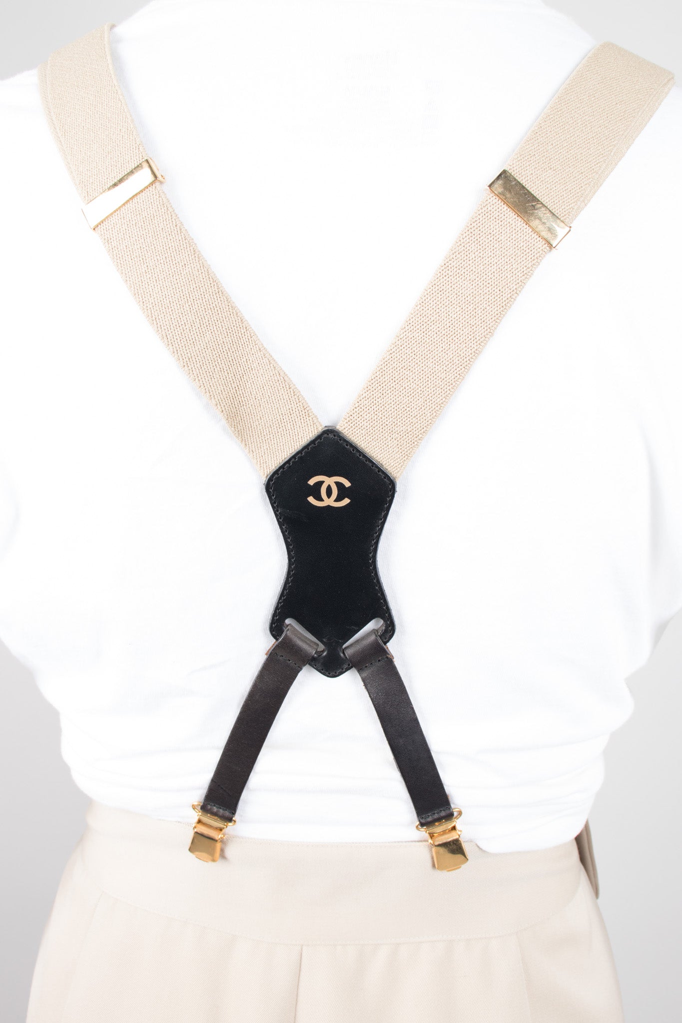 Chanel Vintage Rare Tan Logo Suspenders