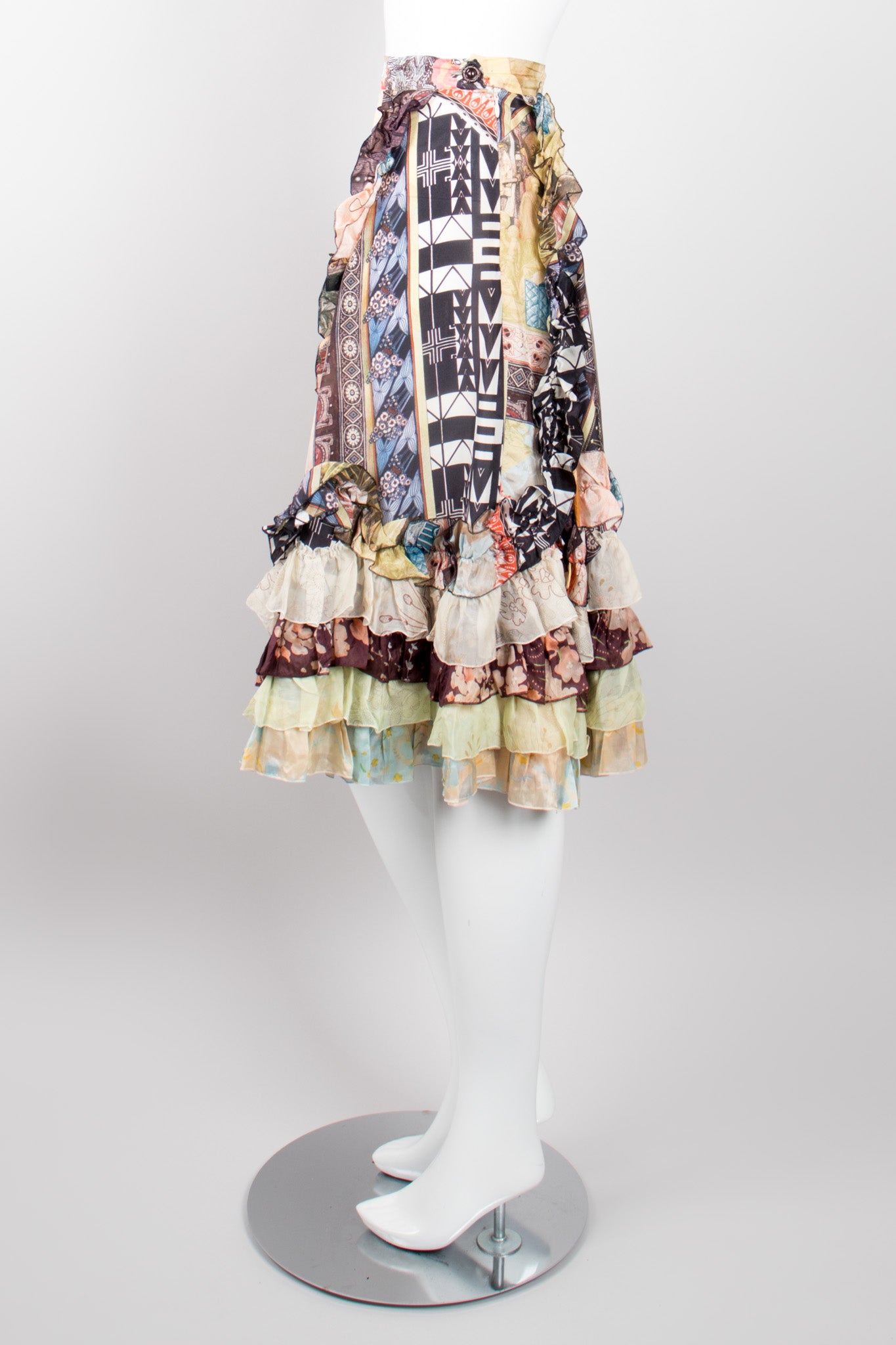 Christian Lacroix Floral Collage Print Asymmetrical Ruffle Skirt