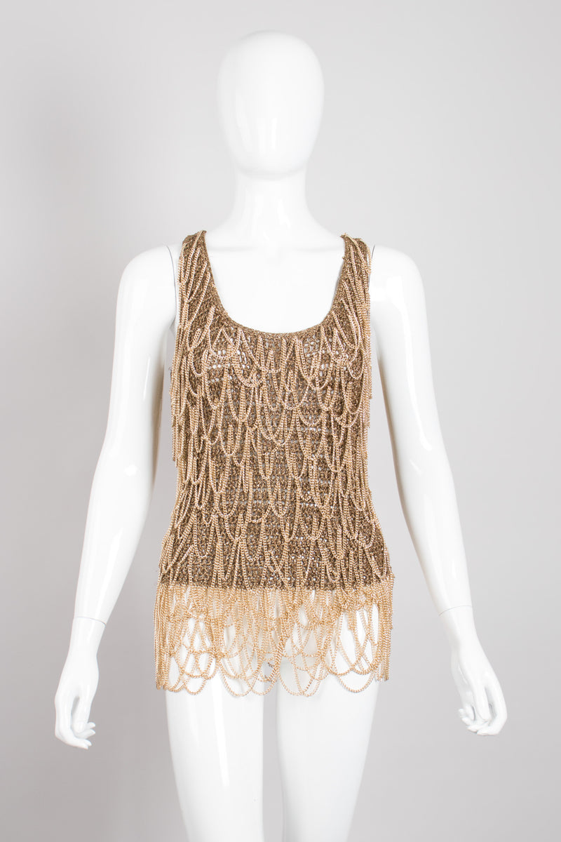 Salvatore Ferragamo Gold Armor Draped Chain Crochet Tank