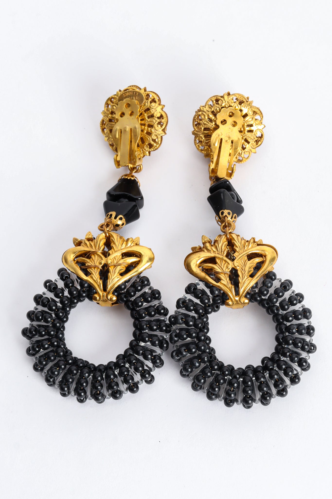 Vintage Stanley Hagler Filigree Stone Cluster Drop Hoop Earrings back @ Recess LA