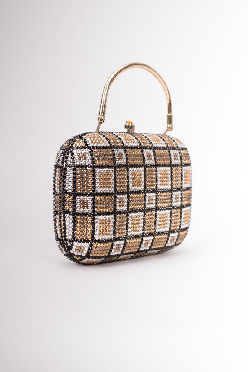 Checkered Rhinestone Vintage Metal Clutch Minaudiere