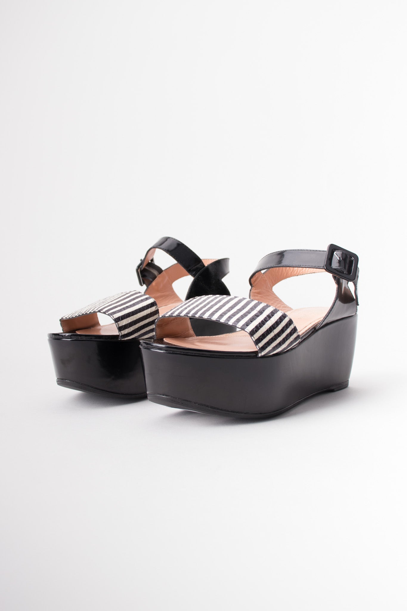 Robert Clergerie Black & White B&W Striped Snake Flatform Sandals