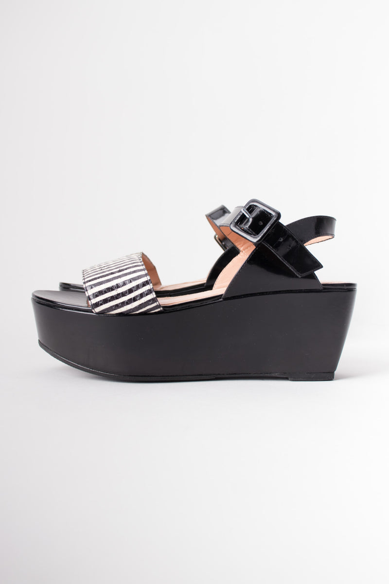 Robert Clergerie Black & White B&W Striped Snake Flatform Sandals