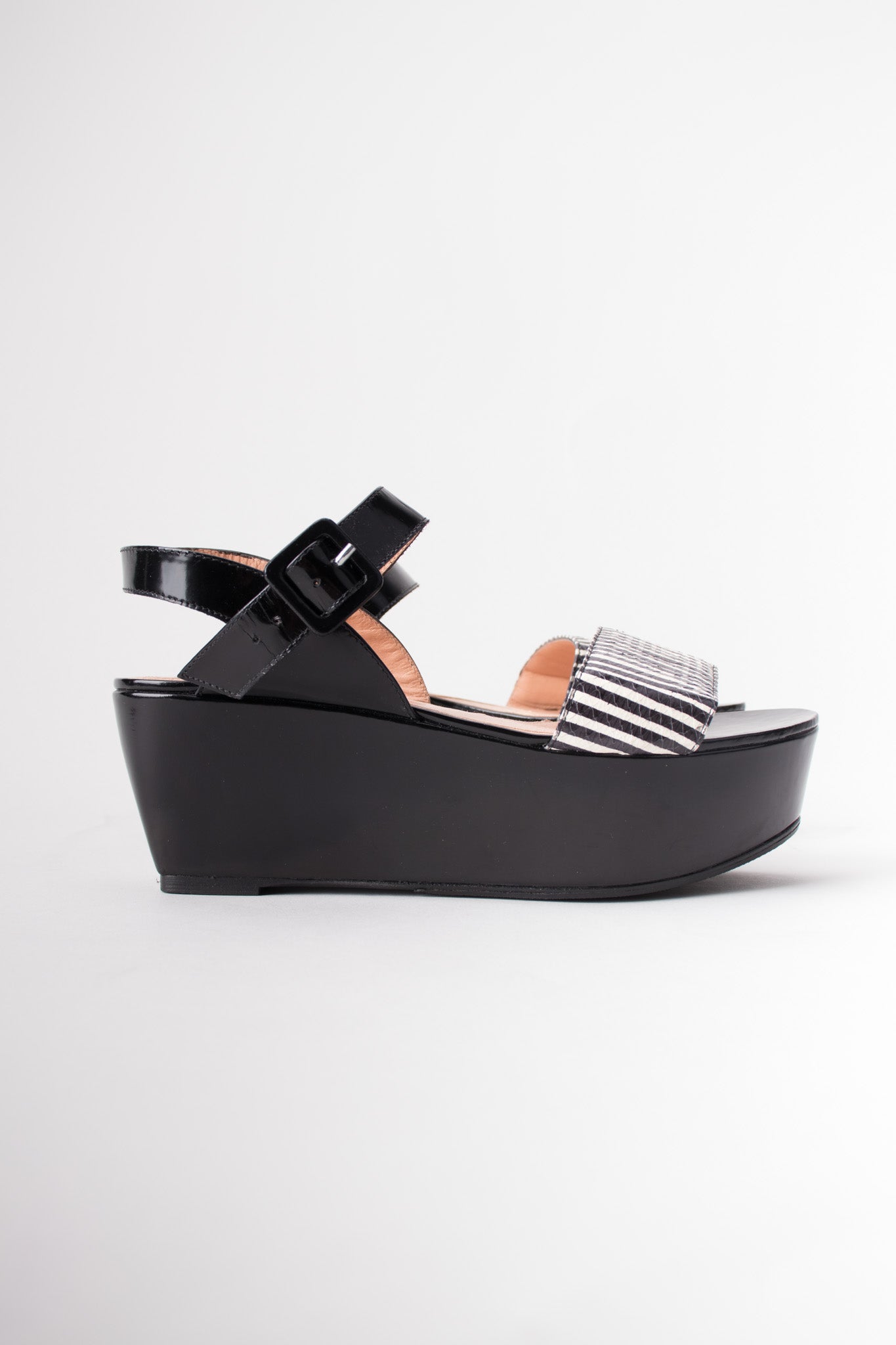 Robert Clergerie Black & White B&W Striped Snake Flatform Sandals