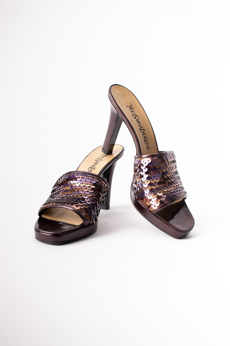 Yves Saint Laurent YSL Bronze Sequined Platform Mules