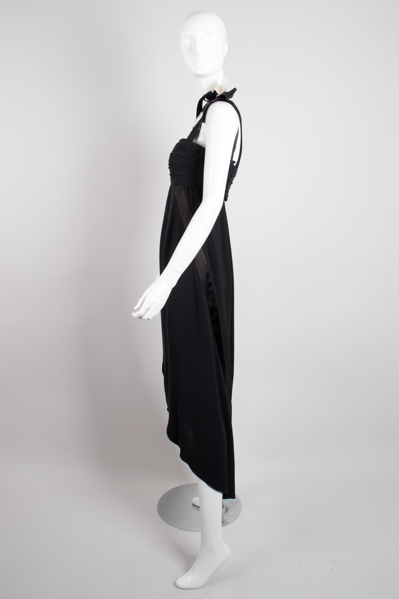 Chanel Empire Asymmetrical Chiffon Camelia Black Tie Dress