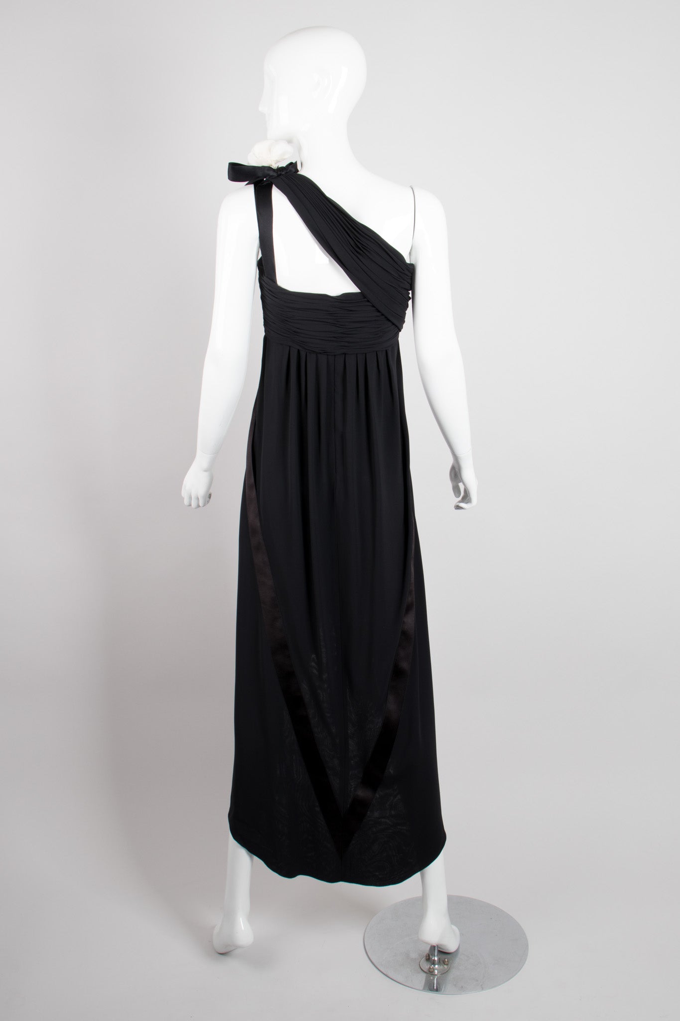 Chanel Empire Asymmetrical Chiffon Camelia Black Tie Dress