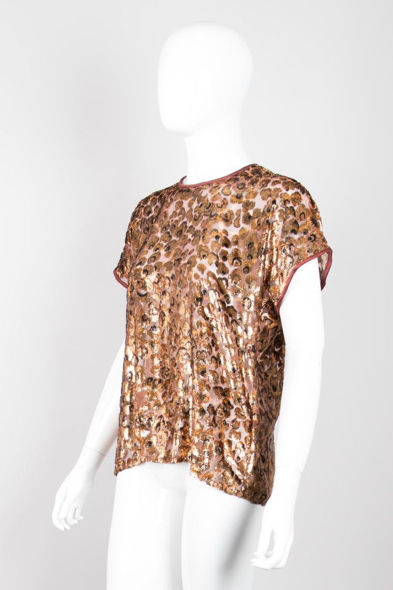 Escada Metallic Sheer Silk Velvet Lamé Burnout Animal Tee