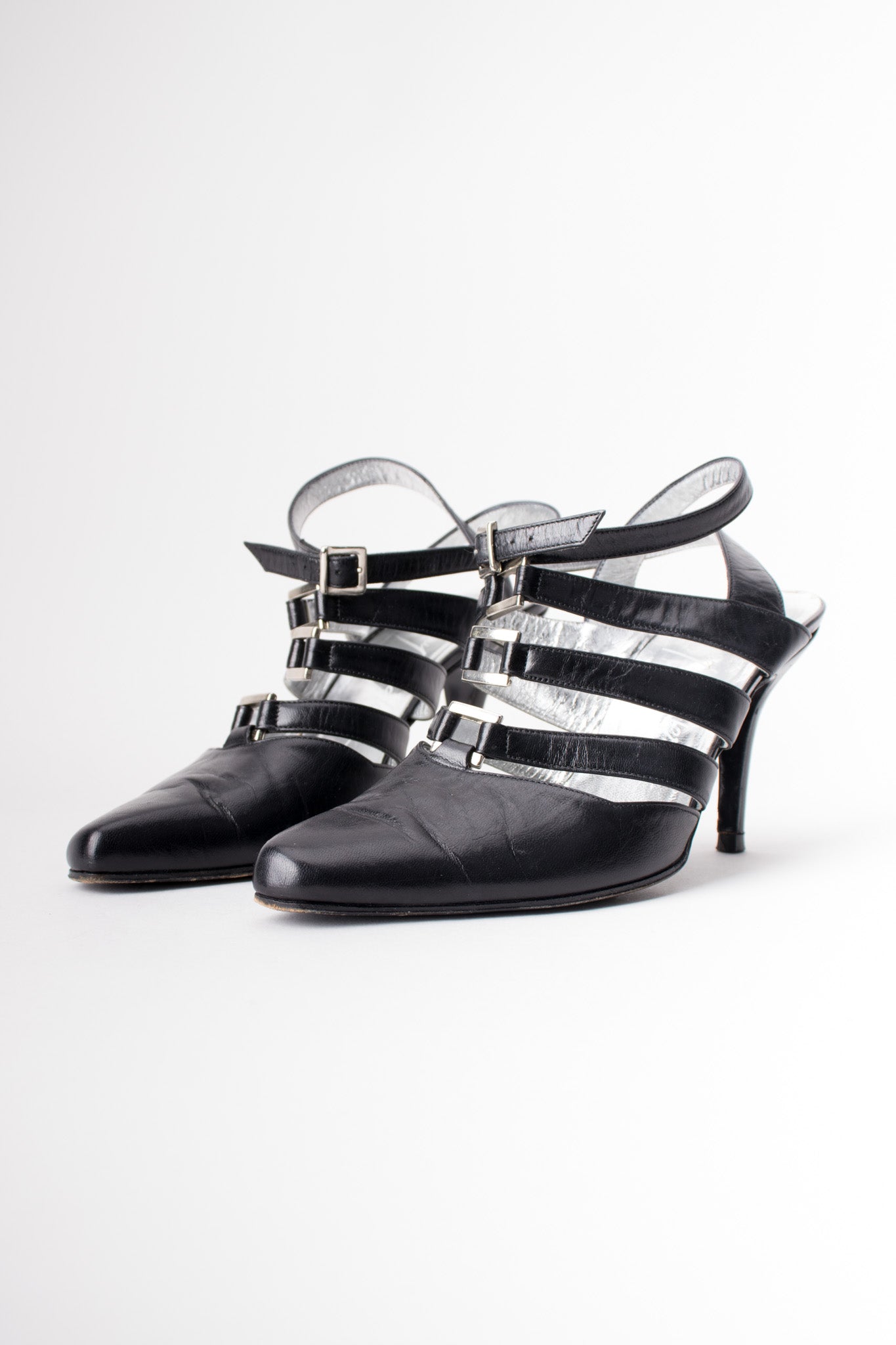 Thierry Mugler Leather Strappy Bondage Buckle Heels