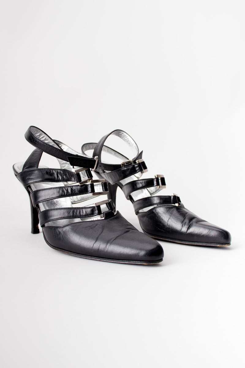 Thierry Mugler Leather Strappy Bondage Buckle Heels