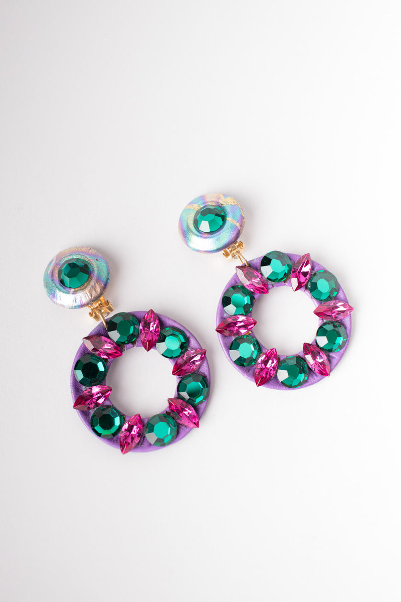 Crystal Jeweled Leather Hoop Statement Earrings