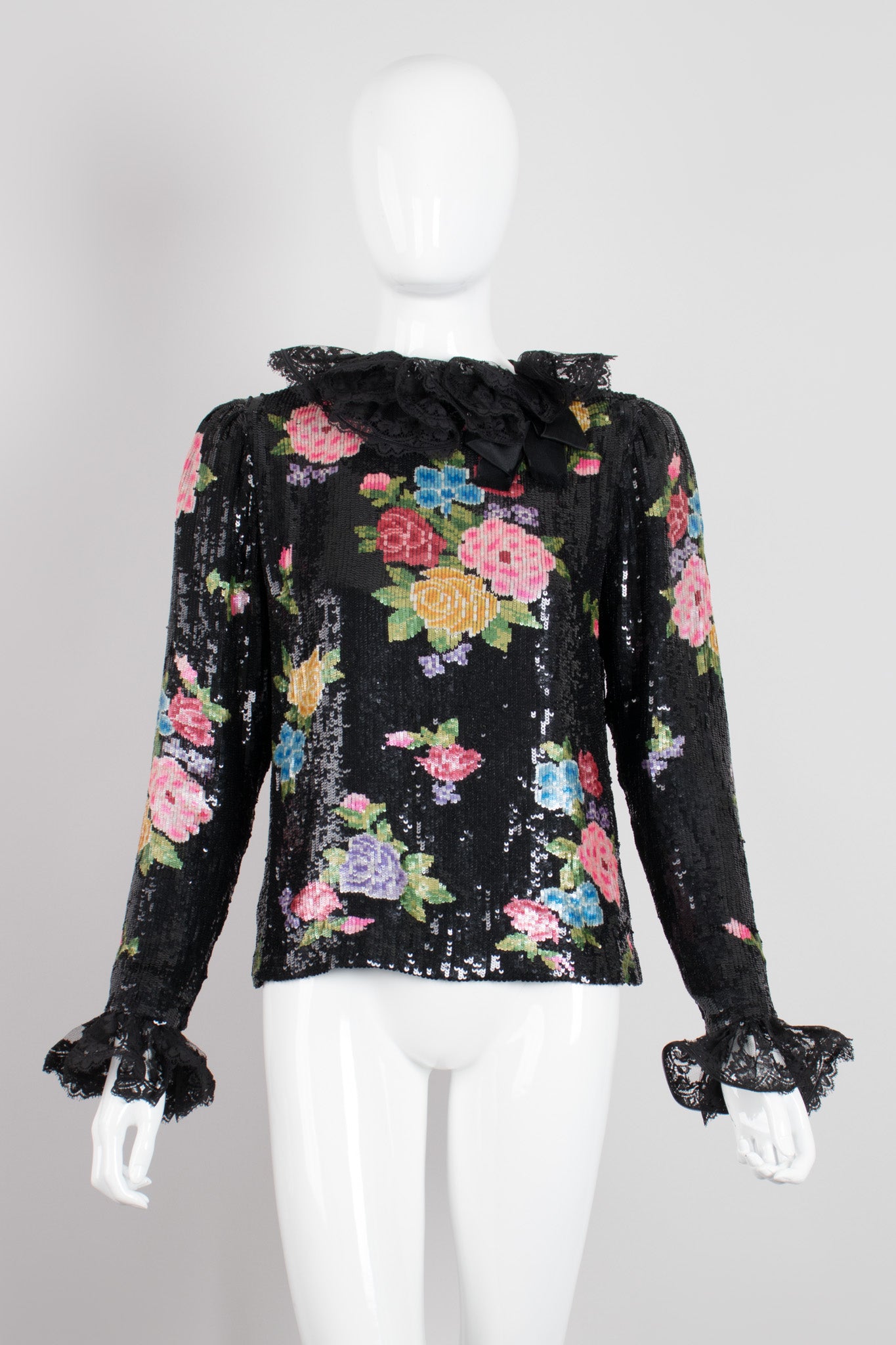 Oscar de la Renta Floral Sequined Needlepoint Ruffle Top