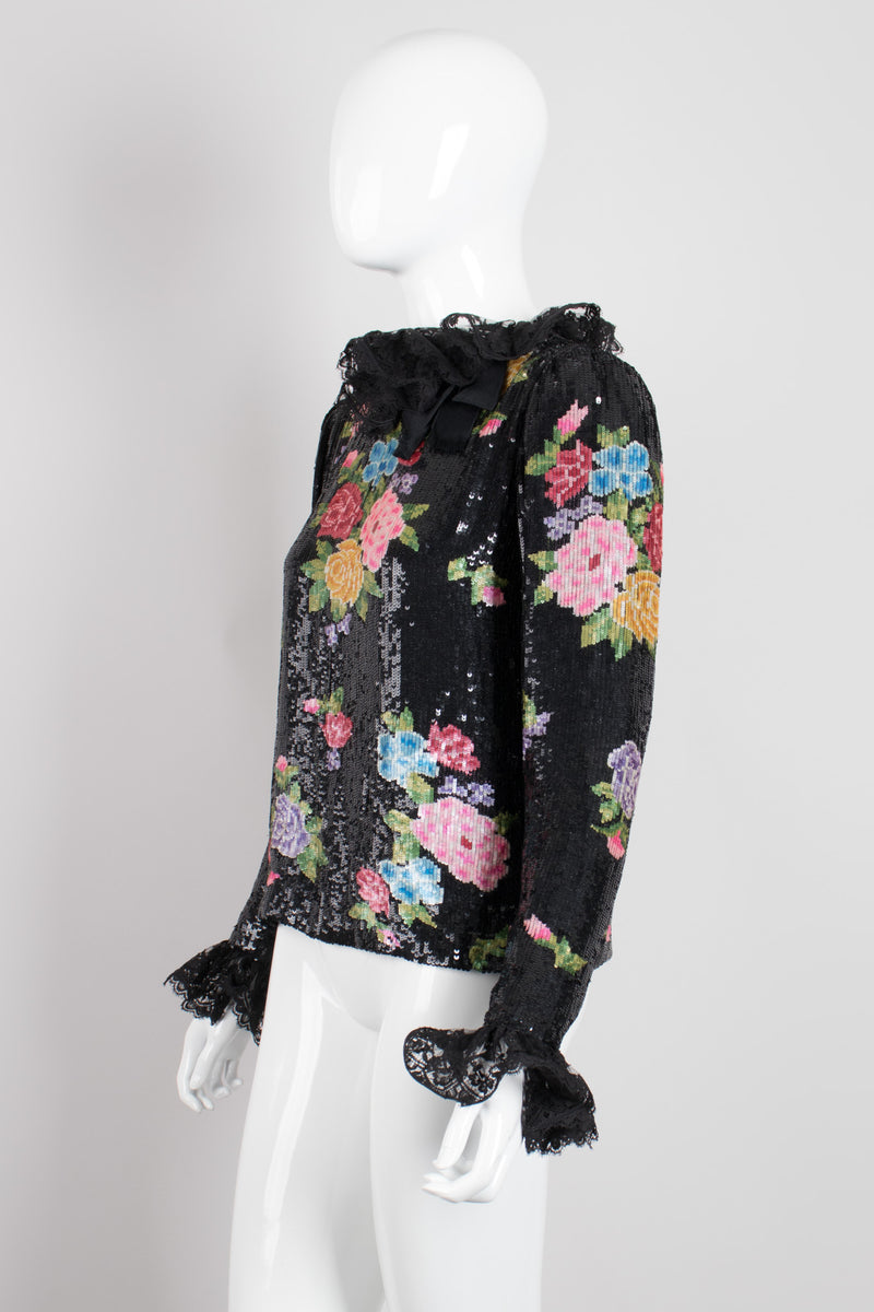 Oscar de la Renta Floral Sequined Needlepoint Ruffle Top