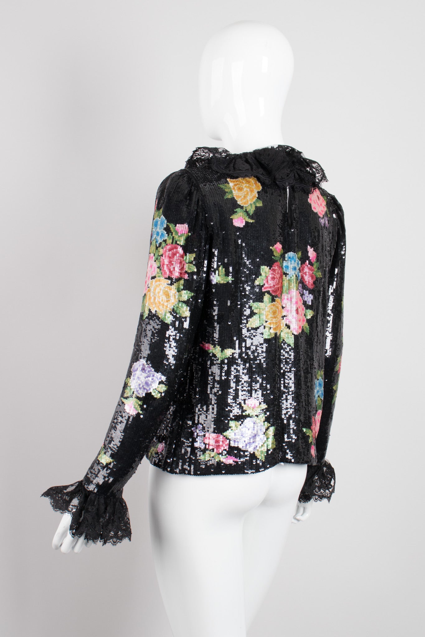 Oscar de la Renta Floral Sequined Needlepoint Ruffle Top