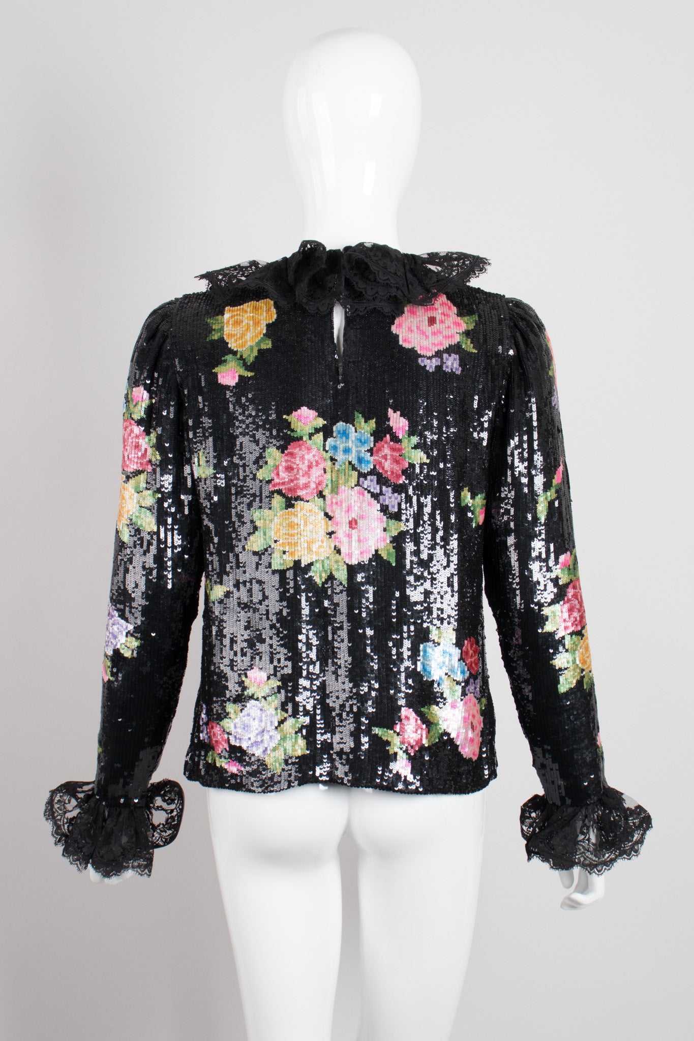 Oscar de la Renta Floral Sequined Needlepoint Ruffle Top