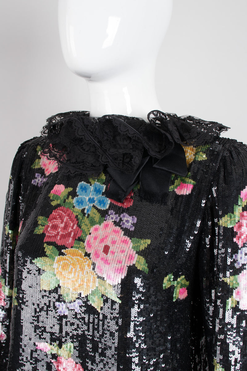 Oscar de la Renta Floral Sequined Needlepoint Ruffle Top