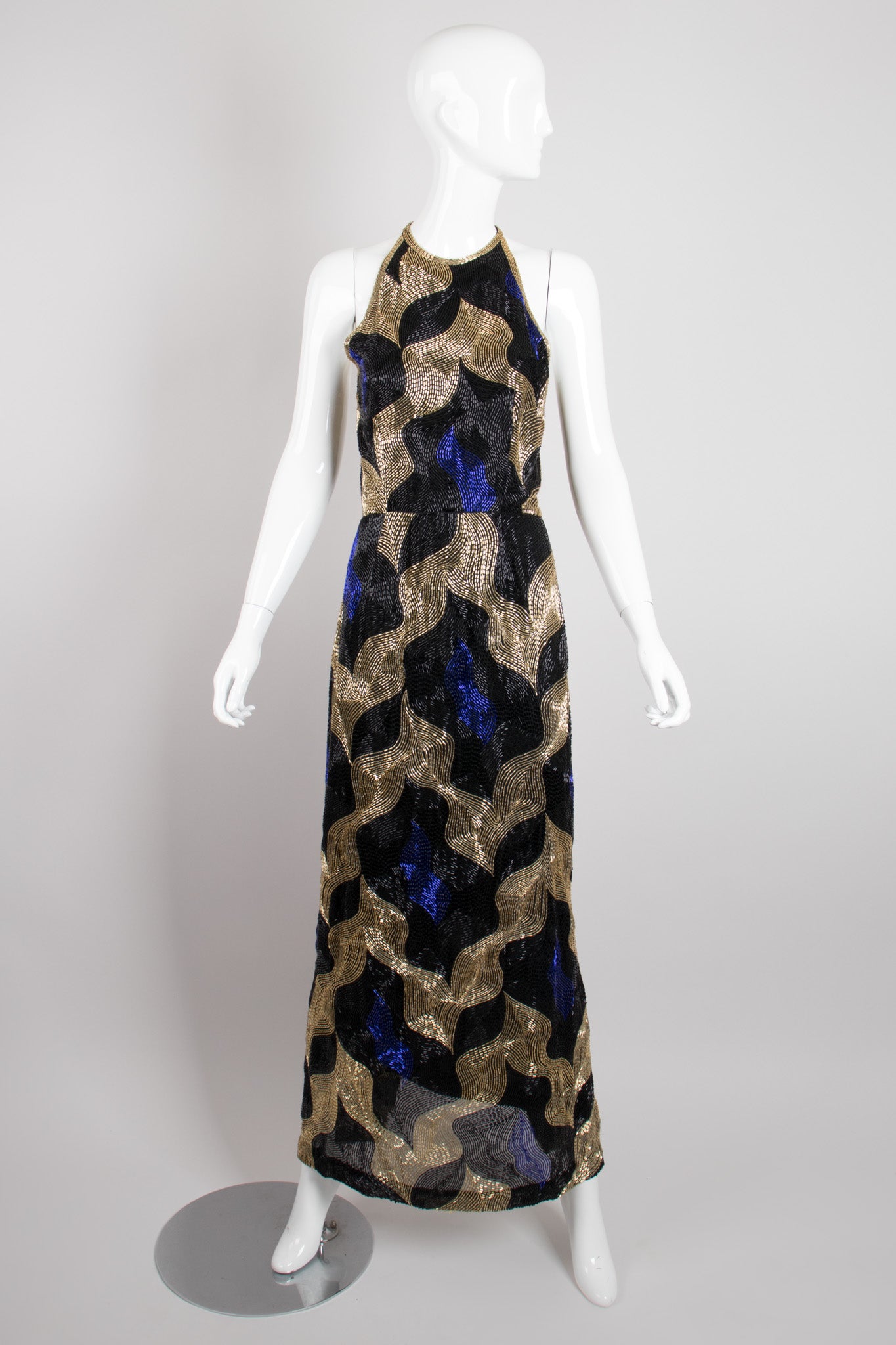 Tracy Mills Vintage Geometric Beaded Halter Gown