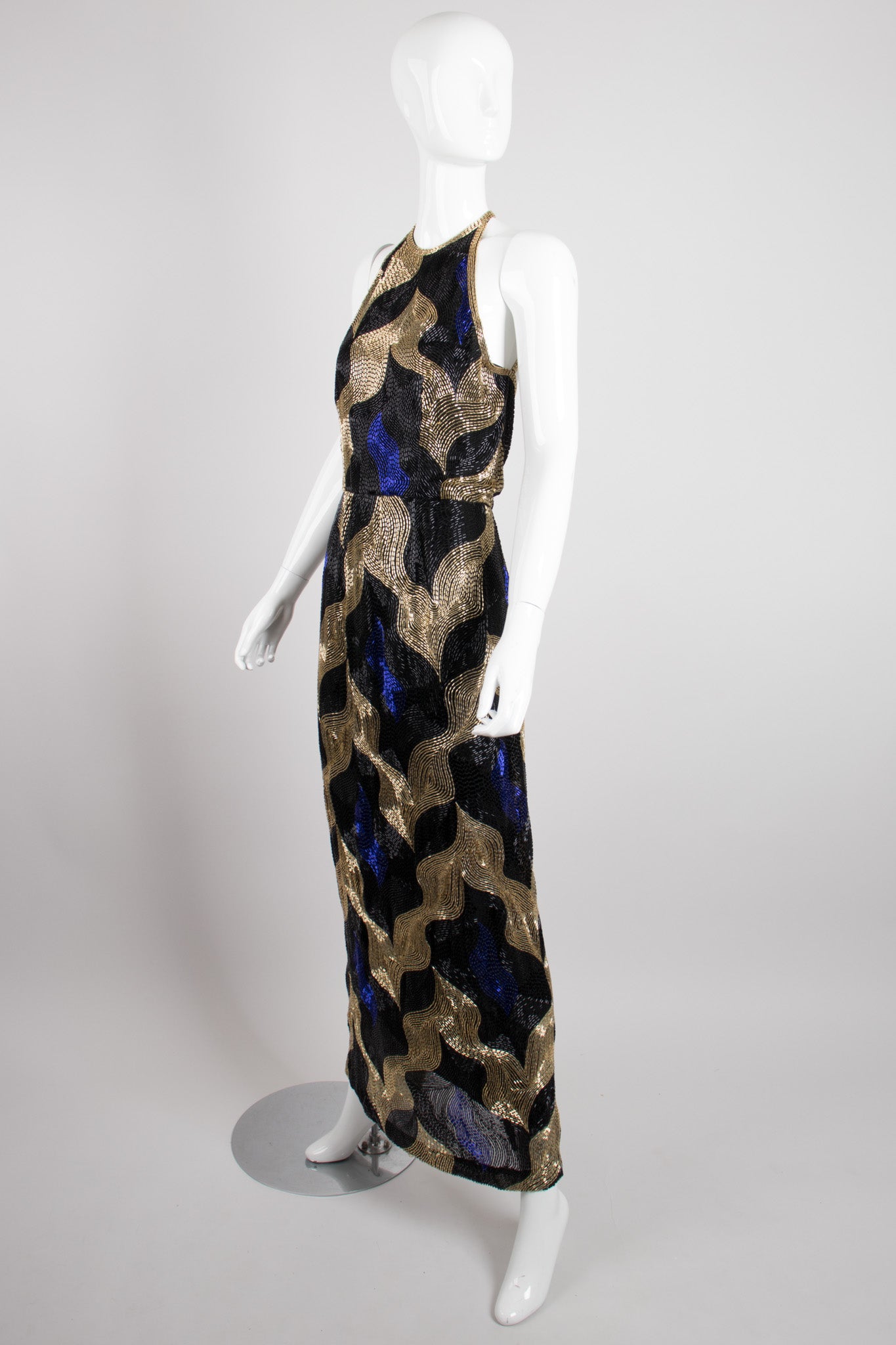 Tracy Mills Vintage Geometric Beaded Halter Gown